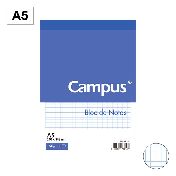 BLOC NOTAS MICROPERFORADO CAMPUS A5 60 GRAMOS 80 HOJAS CUADRÍCULA 4 MM