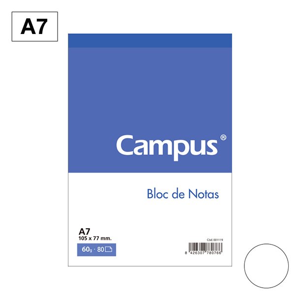 BLOC NOTAS MICROPERFORADO CAMPUS A7 60 GRAMOS 80 HOJAS LISO