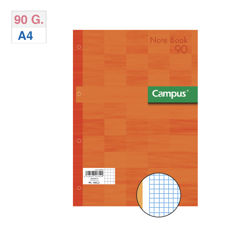 BLOC ENCOLADO DE RECAMBIOS CARPETA CAMPUS A4 4 TALADROS 80 HOJAS 100 GRAMOS BANDA DE SU COLOR NARANJA CUADRICULA 5 MM.