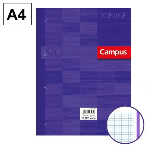 BLOC ENCOLADO DE RECAMBIOS CARPETA CAMPUS A4 4 TALADROS 80 HOJAS 90 GRAMOS BANDA DE SU COLOR MORADO CUADRICULA 5 MM.