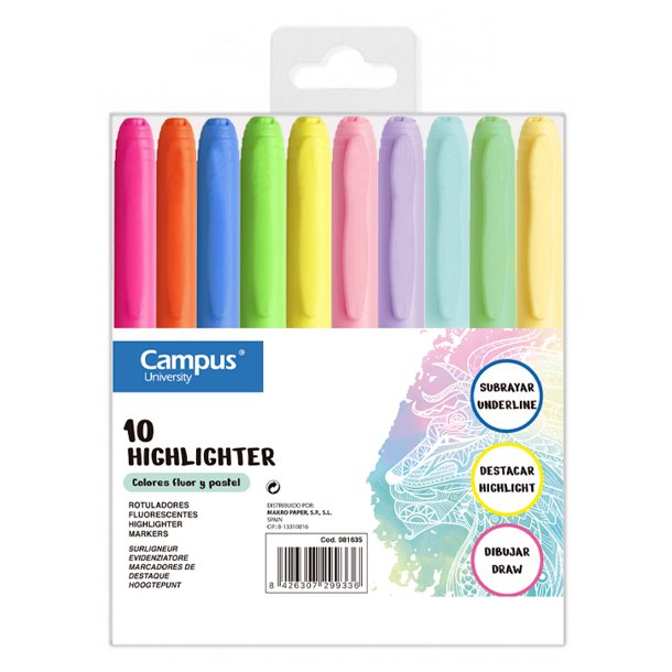 ROTULADOR MARCADOR FLUORESCENTE PEN HIGHLIGHTER CAMPUS UNIVERSITY COLORES NEÓN + PASTEL 10 UNID.
