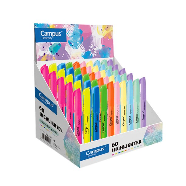 ROTULADOR MARCADOR FLUORESCENTE PEN HIGHLIGHTER CAMPUS UNIVERSITY COLORES NEÓN + PASTEL EXPOSITOR 60 UNID.
