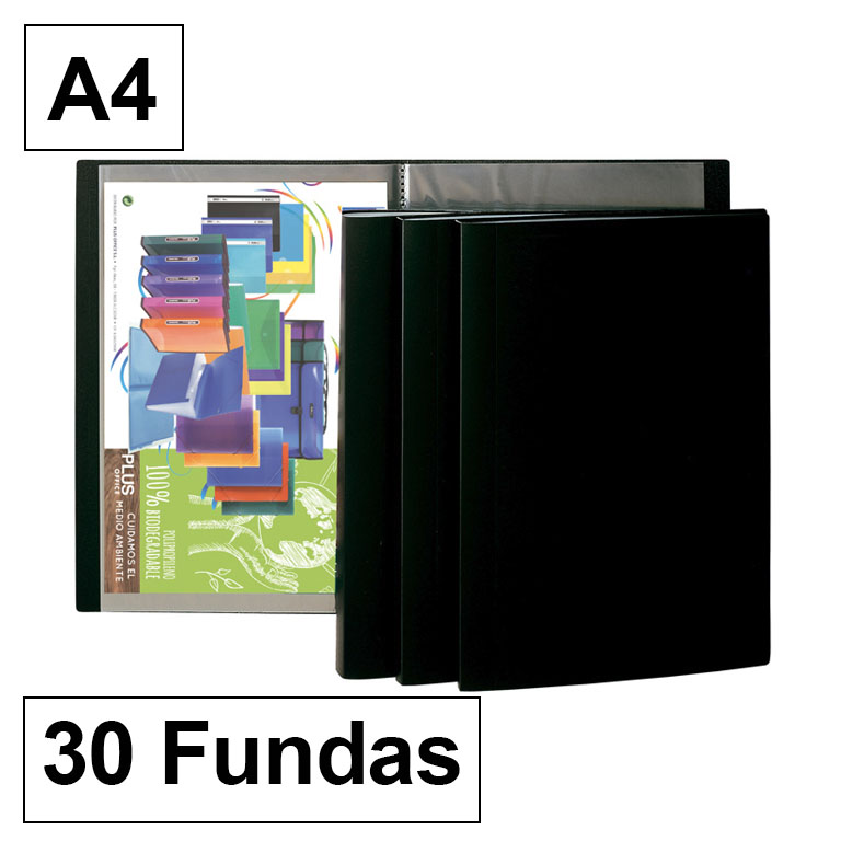 CARPETA PLUS OFFICE POLIPROPILENO FLEXIBLE 30 FUNDAS TRANSPARENTES POLIPROPILENO A4 COLOR NEGRO