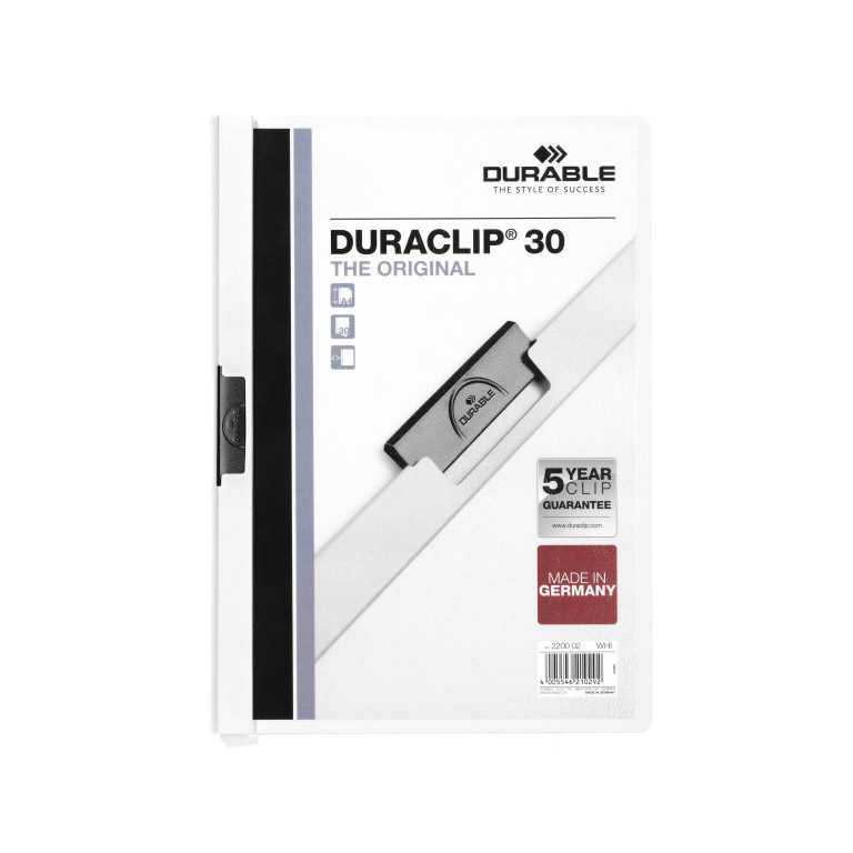 CARPETA DOSSIER PINZA METALICA DURABLE DURACLIP A4 220X310 MM CAPACIDAD 30HOJAS COLOR BLANCO