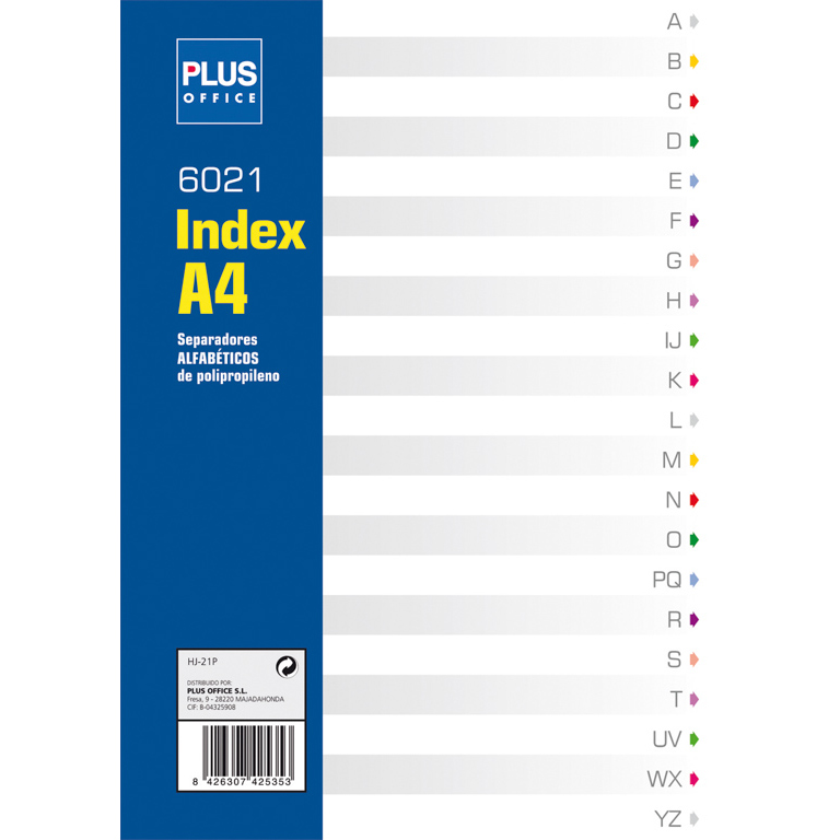 SEPARADORES ALFABÉTICOS PLUS OFFICE DE POLIPROPILENO 150 MICRAS  A-Z 20 SEPARADORES MULTITALADRO