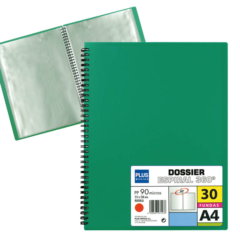 CARPETA PLUS OFFICE ESPIRAL POLIPROPILENO RIGIDO 30 FUNDAS TRANSPARENTES POLIPROPILENO A4 COLOR VERDE