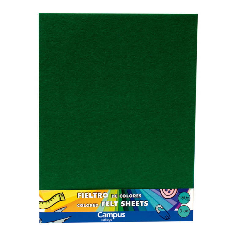 FIELTRO CAMPUS COLLEGE A4 160 GRAMOS 1 MM COLOR VERDE BOLSA 3 UNIDADES	